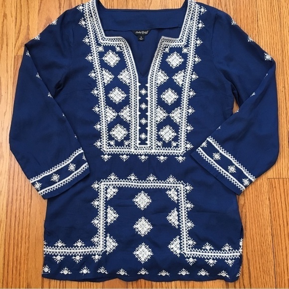 Lucky Brand Boho Embroidered Navy Blue 3/4 Long Sleeve Blouse Tunic - Picture 13 of 16